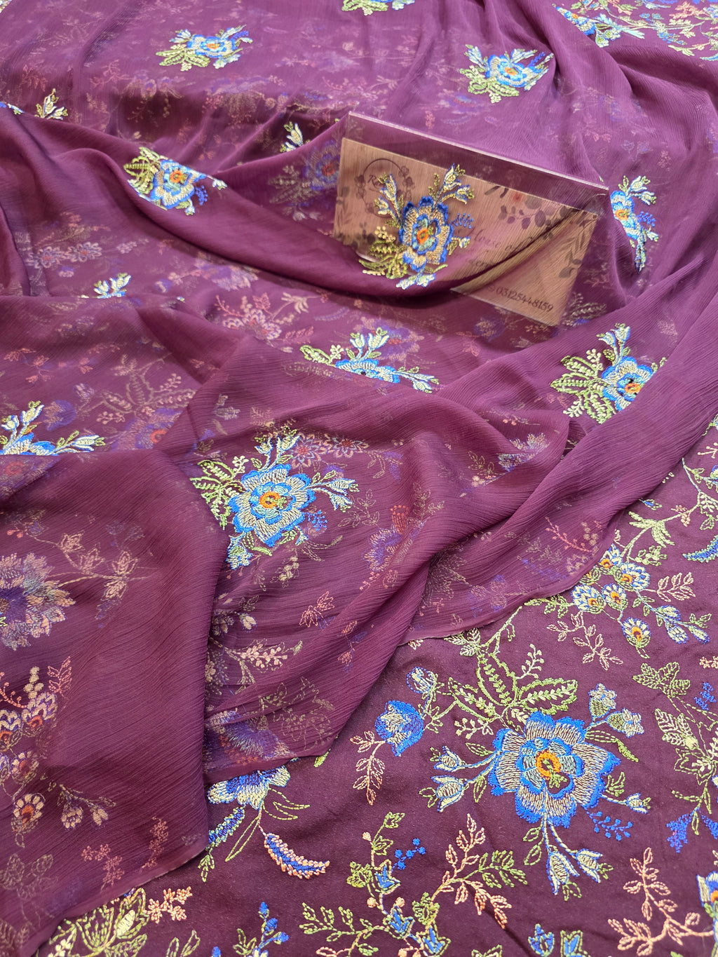 Kerandi 3pc allover embroidered with chiffon duppatta