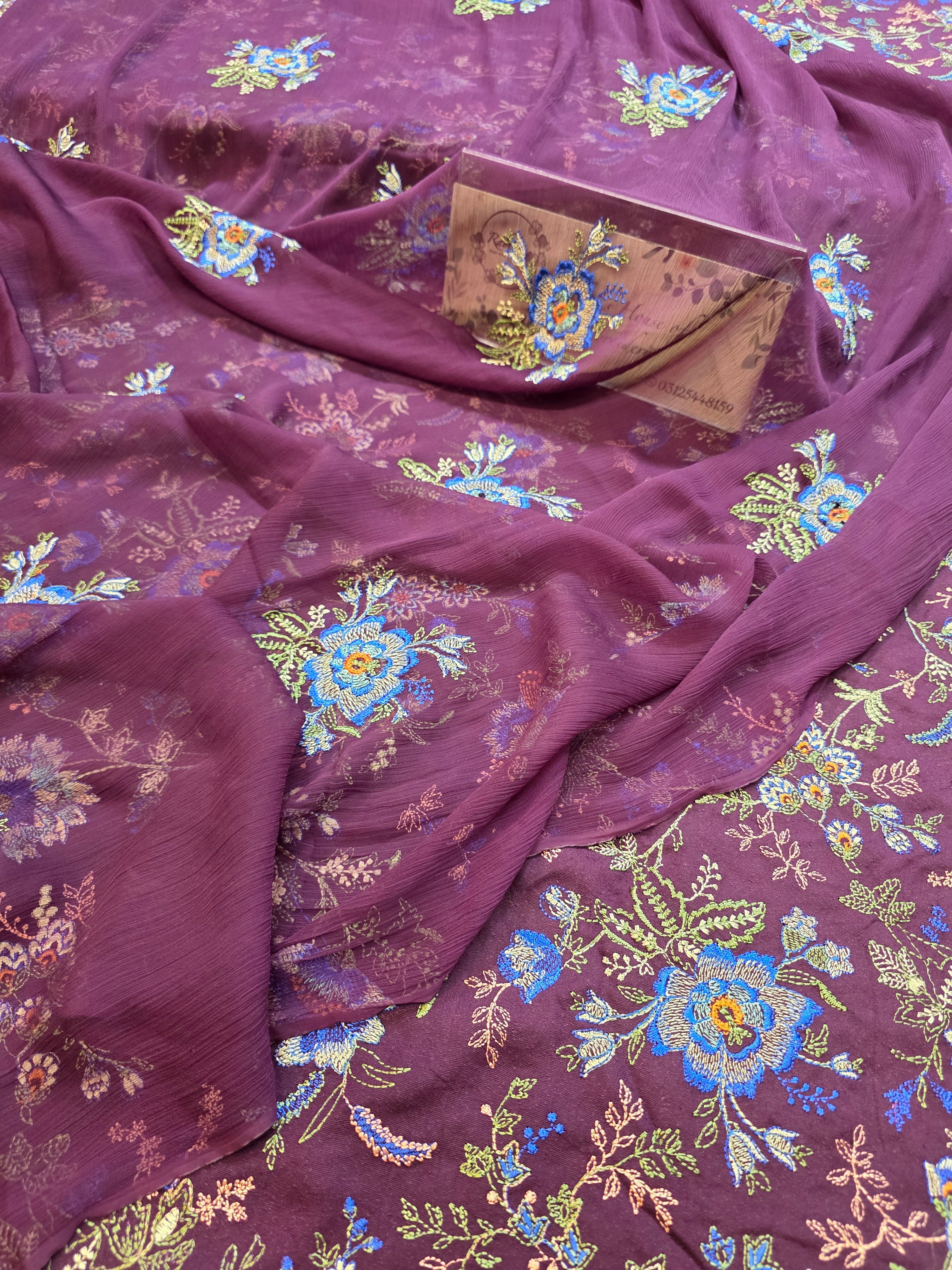 Kerandi 3pc allover embroidered with chiffon duppatta