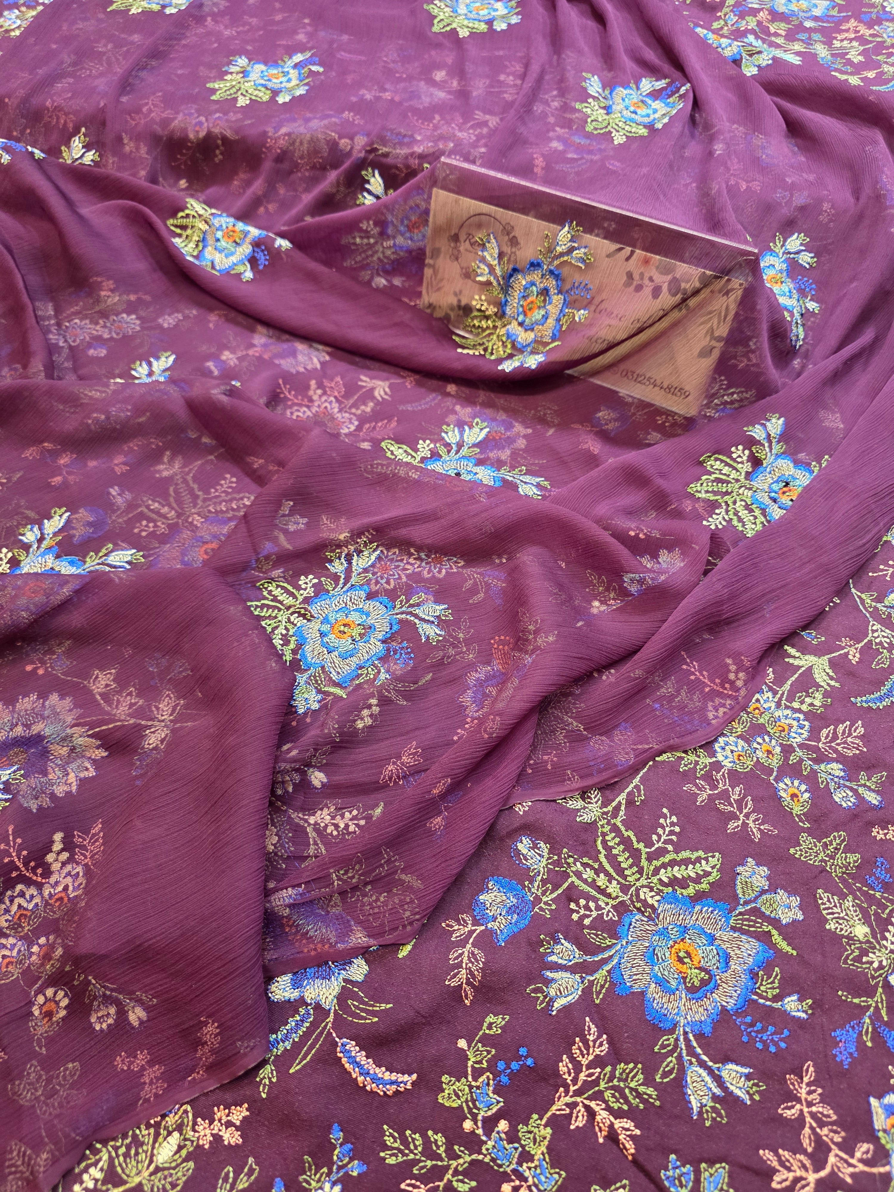 Kerandi 3pc allover embroidered with chiffon duppatta