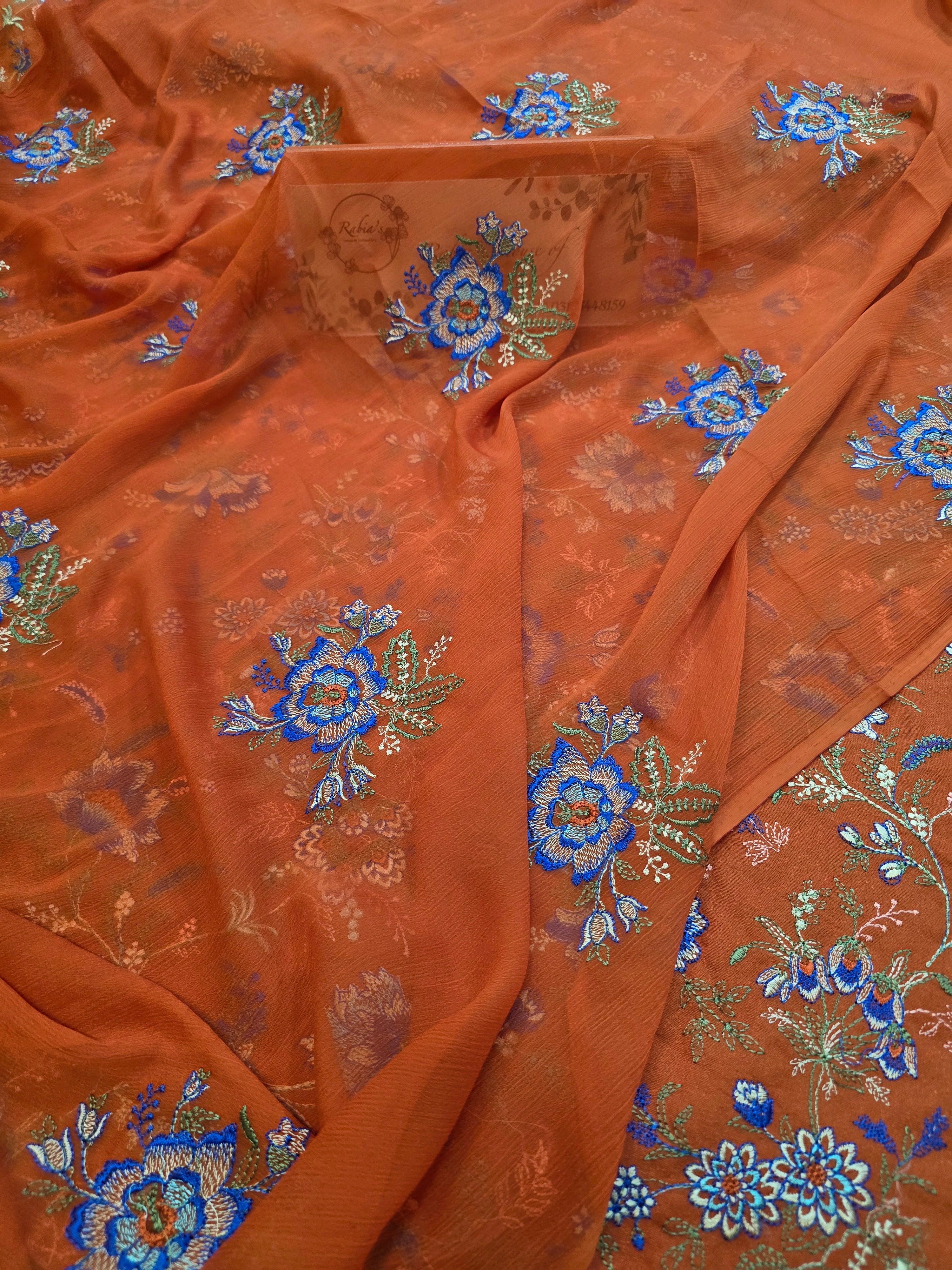 Winter kerandi 3pc allover embroidered with chiffon duppatta