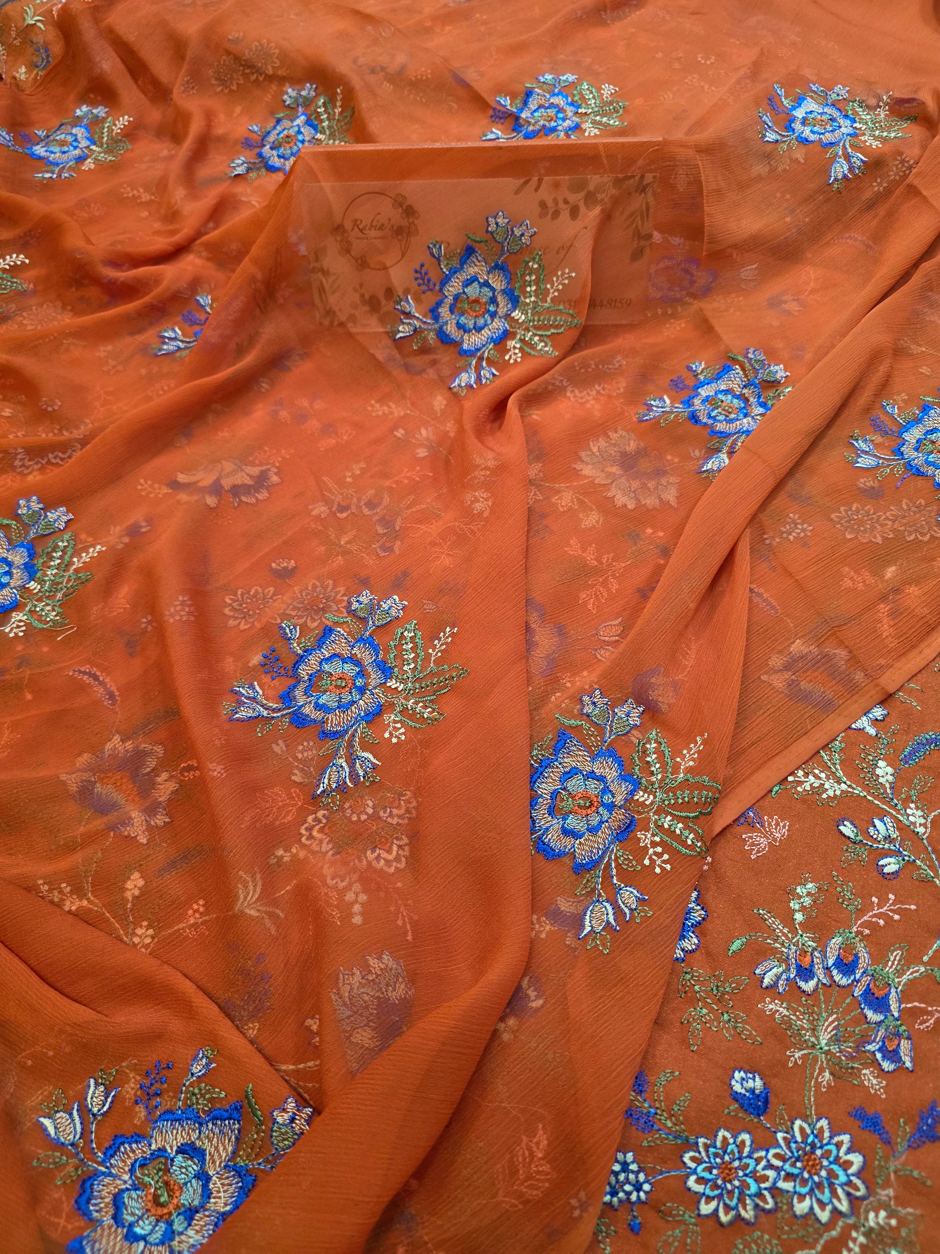 Winter kerandi 3pc allover embroidered with chiffon duppatta