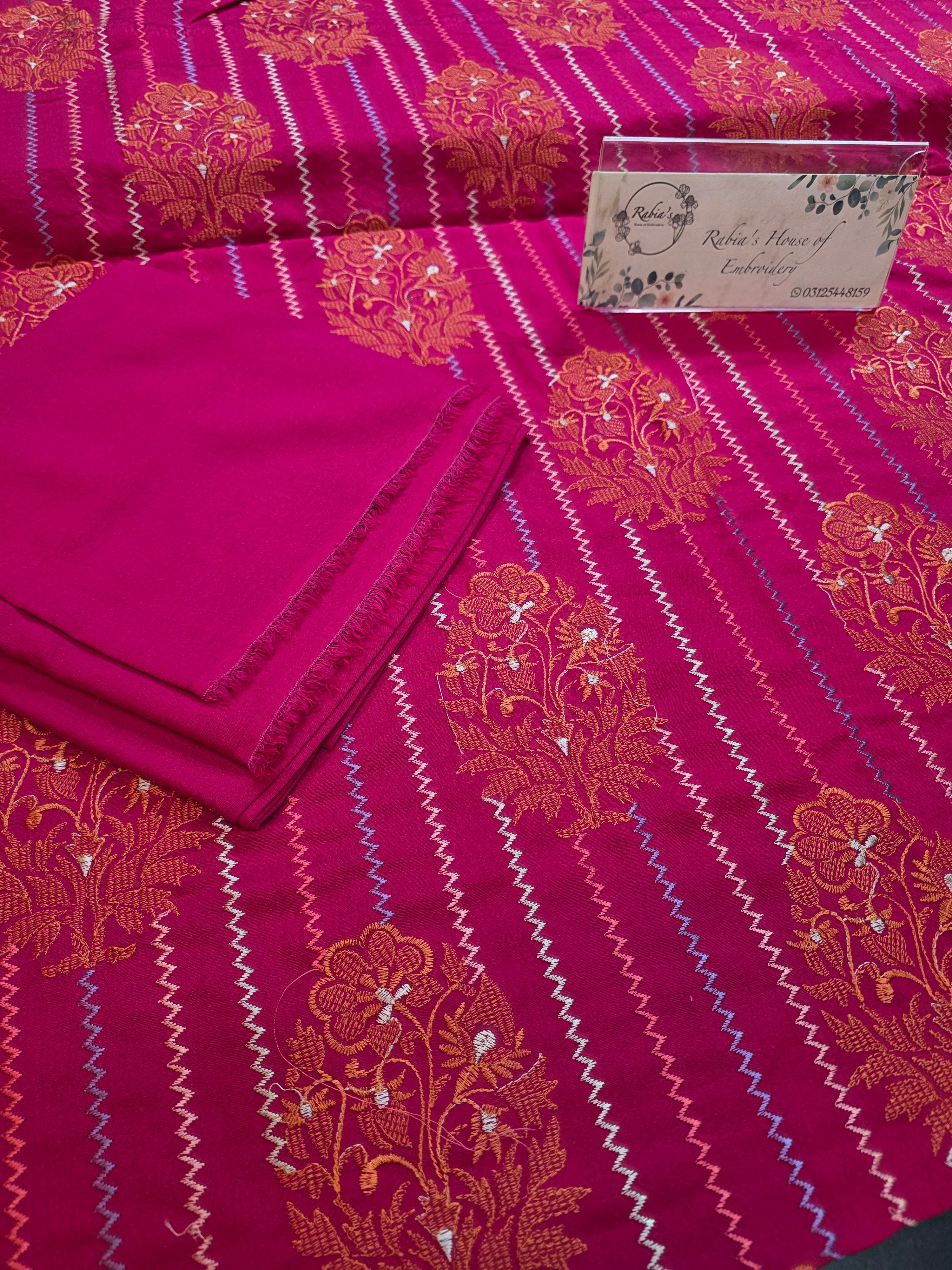 Winter kerandi 3pc allover embroidered with chiffon duppatta(PINK)