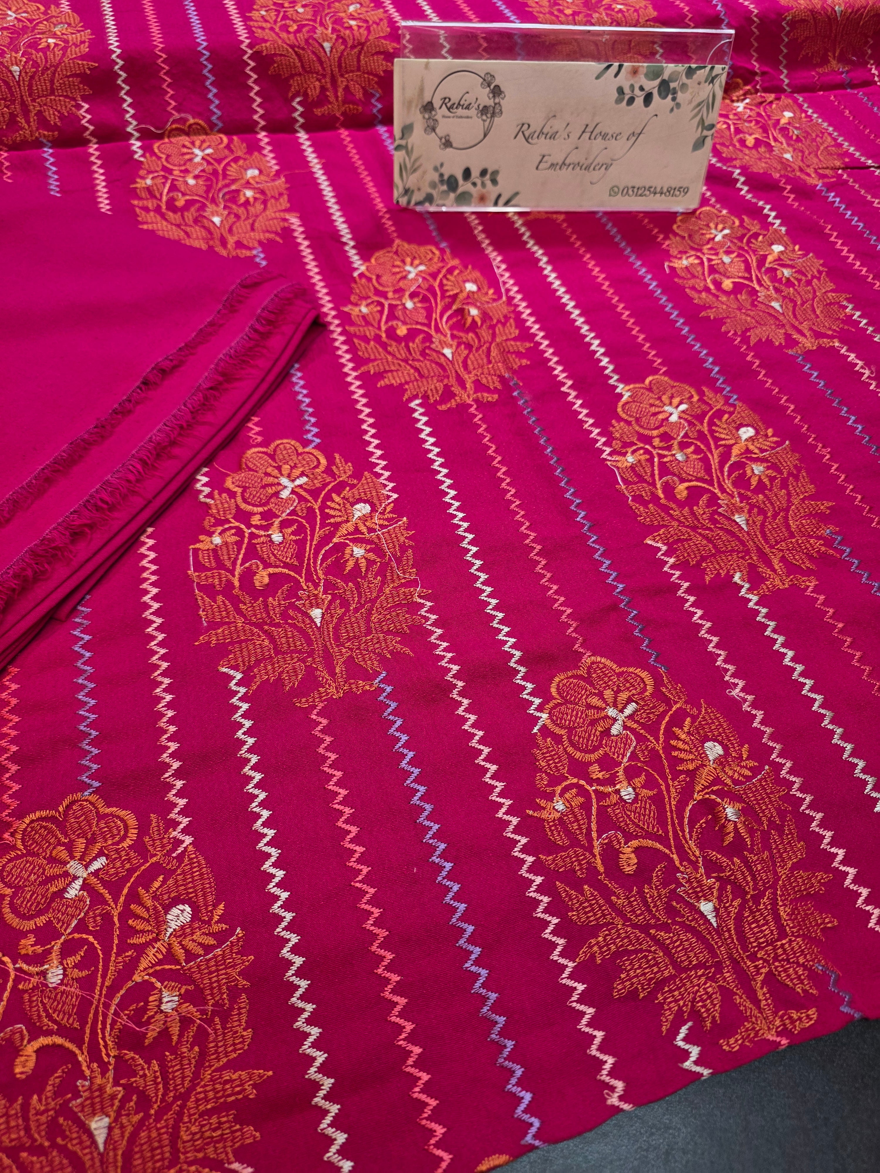 Winter kerandi 3pc allover embroidered with chiffon duppatta(PINK)
