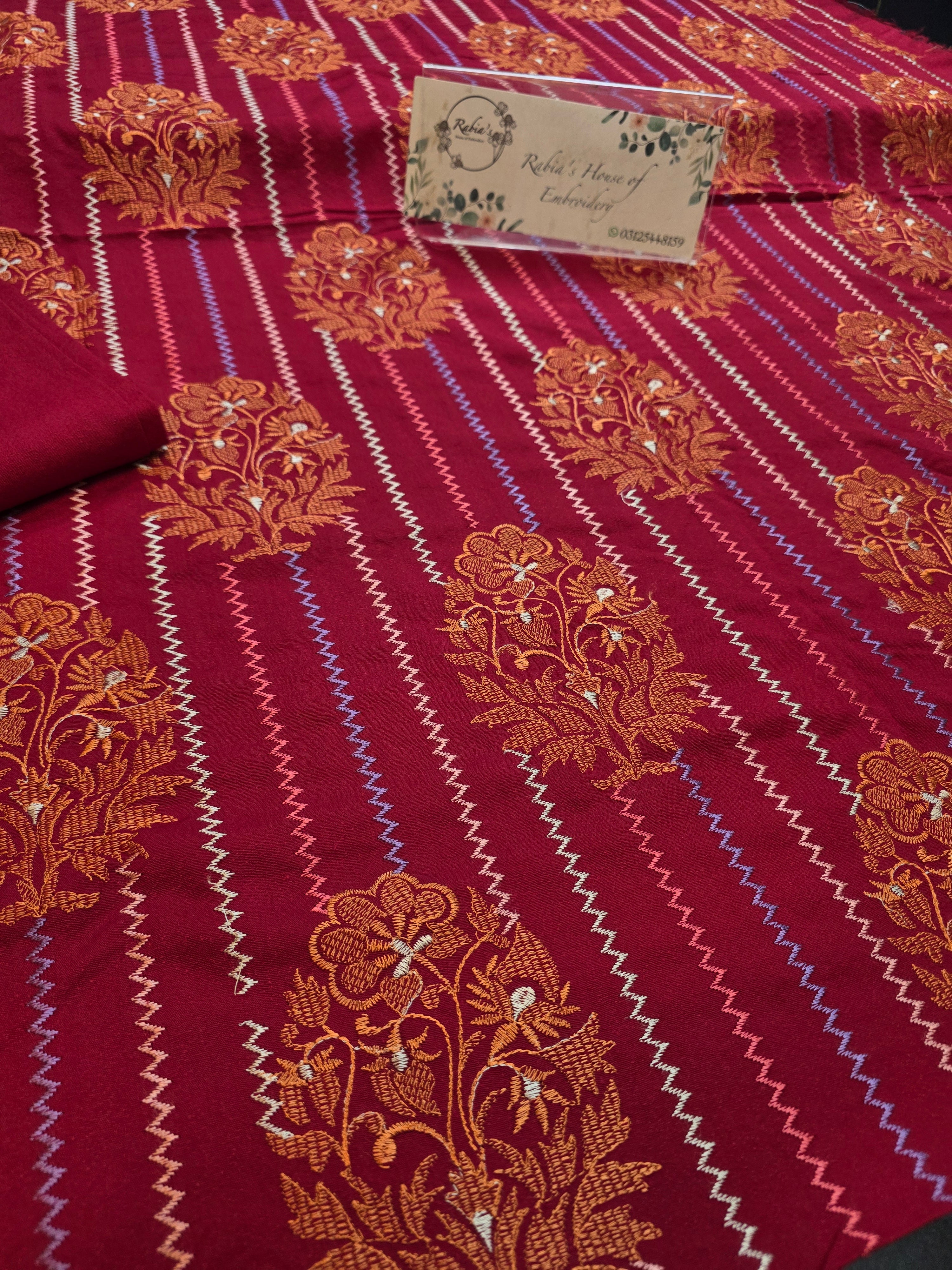 Winter kerandi 3pc allover embroidered with chiffon duppatta(MEHROON)