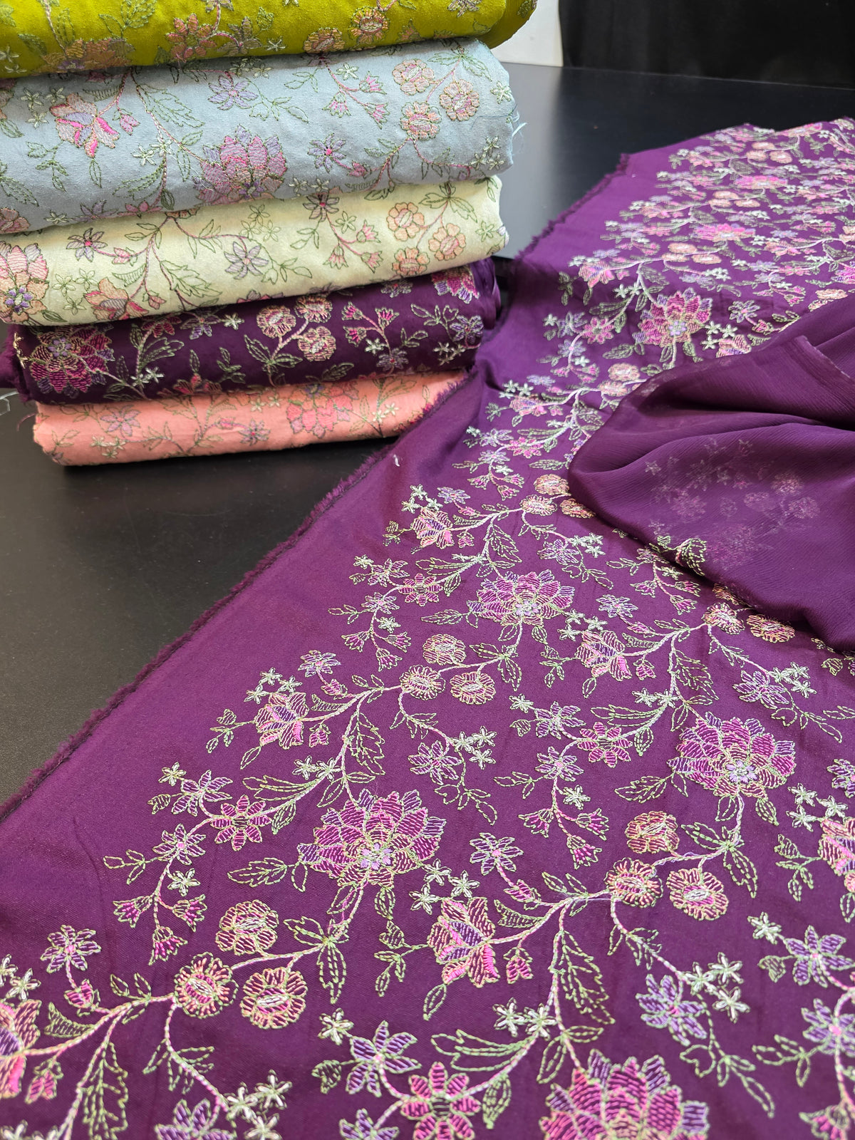 Winter kerandi 3pc allover embroidered with chiffon embroidered duppatta