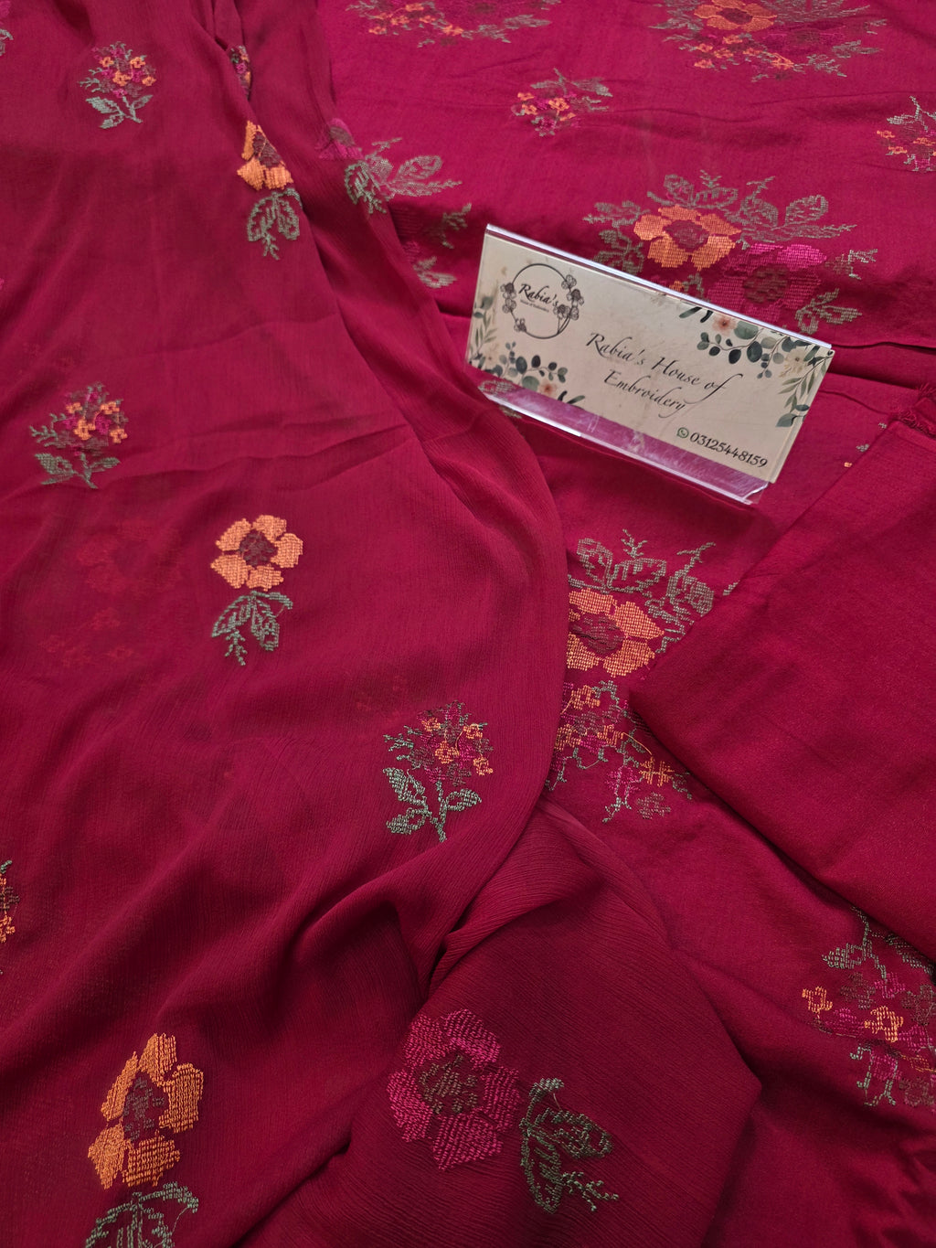 Winter kerandi 3pc with chiffon duppatta (MEHROON)